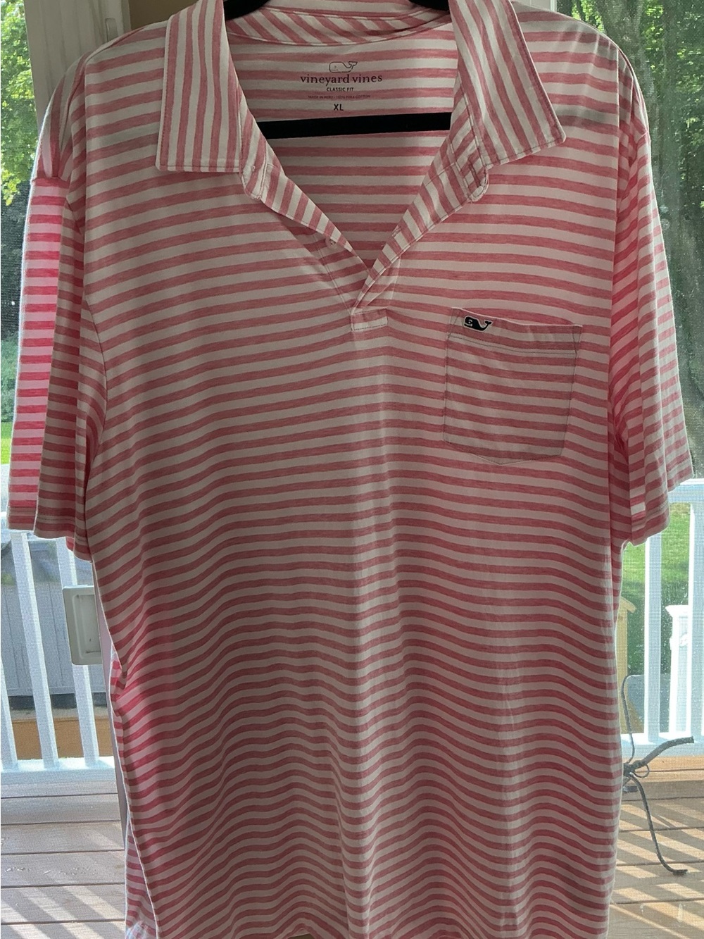 Vineyard Vines Pink & White Striped Polo with Chest Pocket